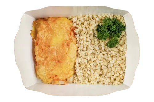 Цыпленок по-французски с булгуром и овощами