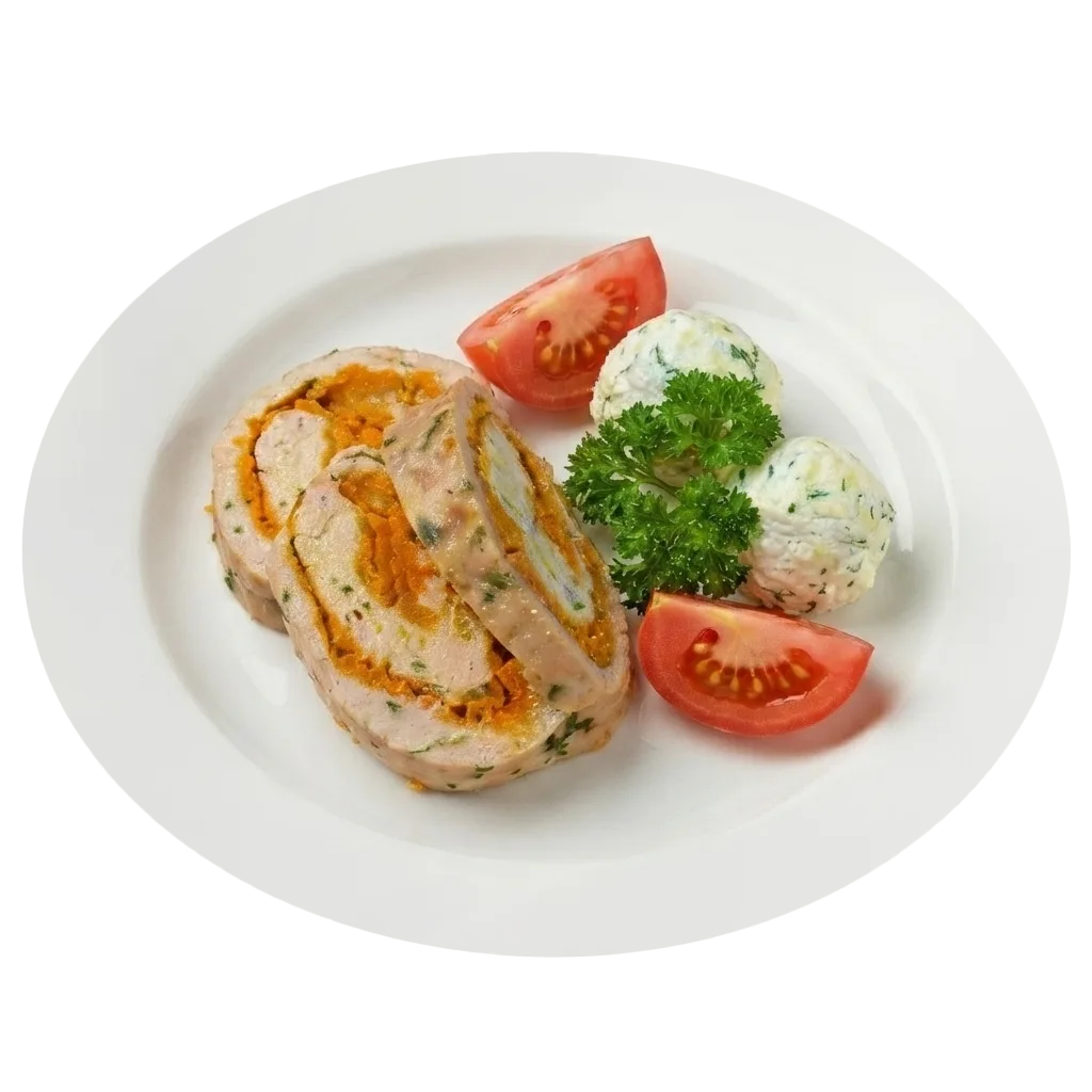 Запечённый куриный рулет и нежные сырные шарики с помидором