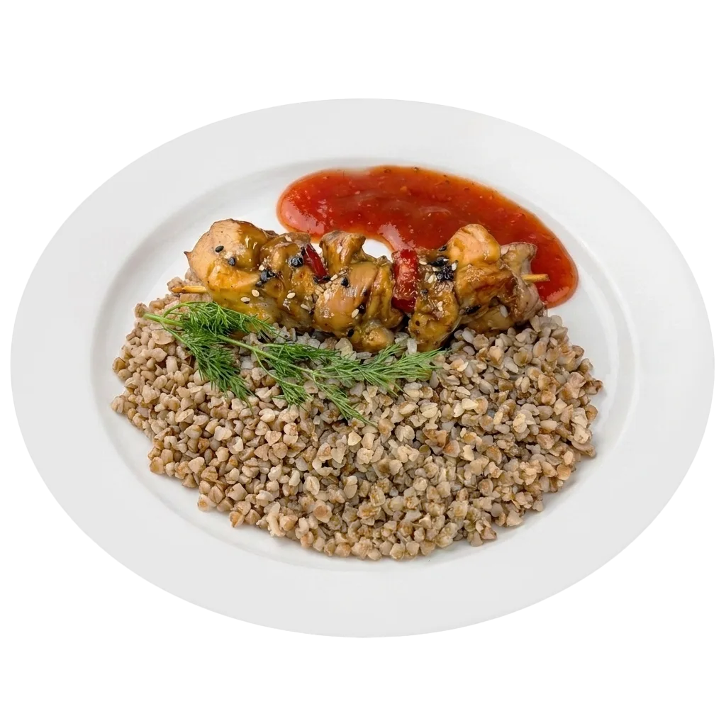 Куриный шашлычок с рассыпчатой гречкой и соусом Барбекю