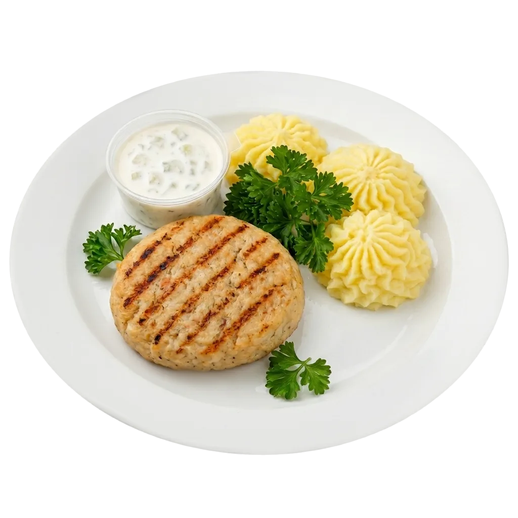 Котлета  из рыбы с нежным картофельным пюре и соусом "Тар-тар"