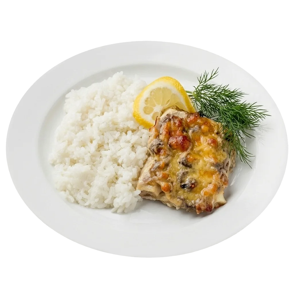 Филе белой рыбы запеченое с грибами и рисом