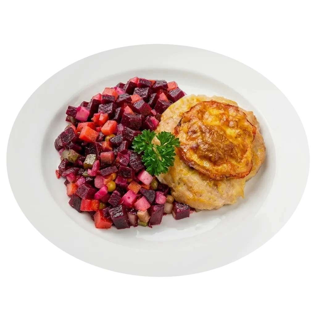 Куриная ватрушка с сырной корочкой и винегретом